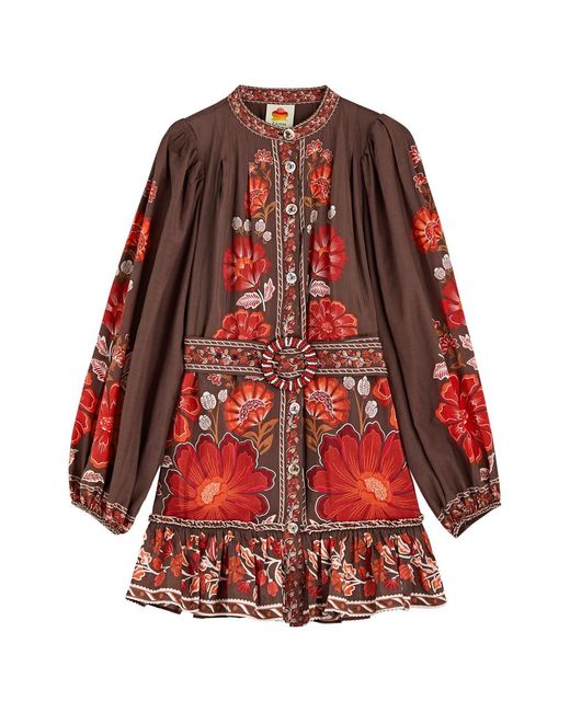 Farm Rio Red Gigi Floral-Print Cotton-Blend Mini Dress