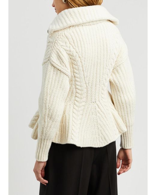 Alexander McQueen White Cable-knit Peplum Wool-blend Cardigan