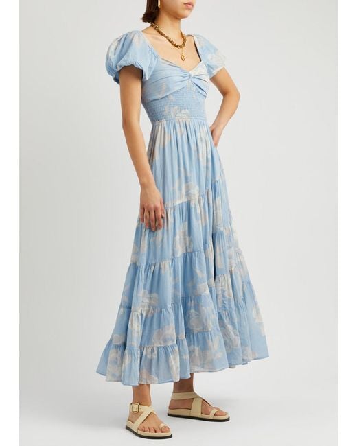Free People Blue Sundrenched Printed Cotton Maxi Dress