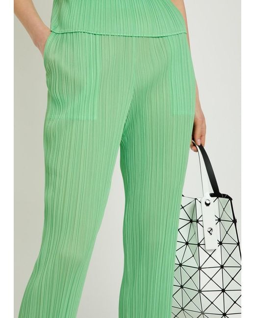 Pleats Please Issey Miyake Green Pleated Tapered-Leg Woven Trousers