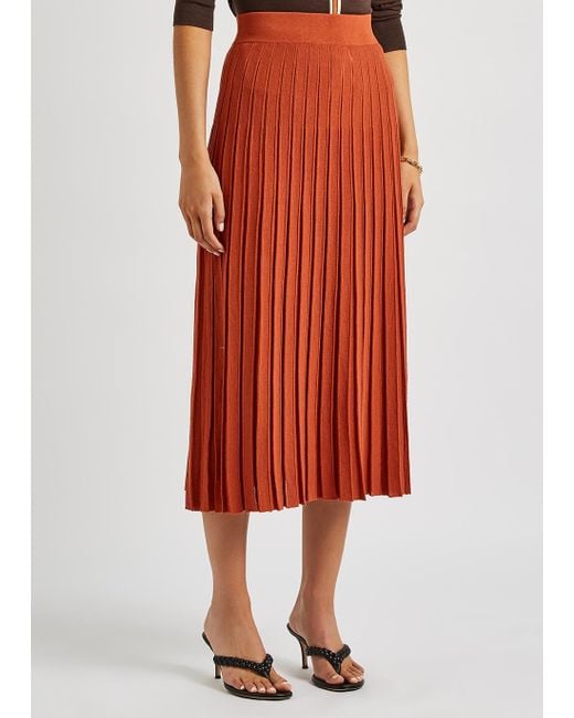 Tory Burch Terracotta Pleated Cotton-blend Midi Skirt in Red - Lyst