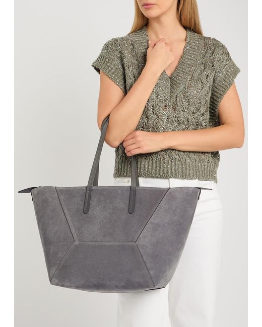 Brunello Cucinelli Gray Bead Medium Suede Tote