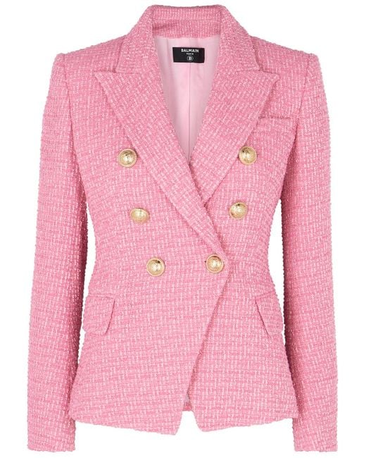 Balmain Pink Double-breasted Bouclé Tweed Blazer