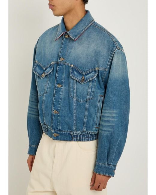 Versace Blue Leather-Collar Denim Jacket for men
