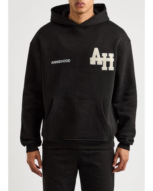 Annie Hood Black College Logo-Embroidered Hooded Cotton Sweatshirt for men