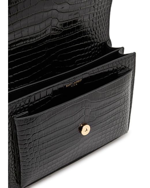 Saint Laurent Black Sunset Crocodile-effect Patent Leather Shoulder Bag