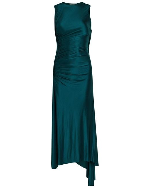 Victoria Beckham Green Ruched Asymmetric Stretch-Jersey Midi Dress
