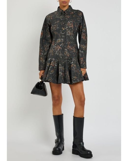 Ganni Gray Printed Stretch-Cotton Mini Shirt Dress