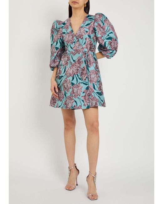 Sister Jane Blue Deco Bloom Floral-Jacquard Woven Mini Wrap Dress