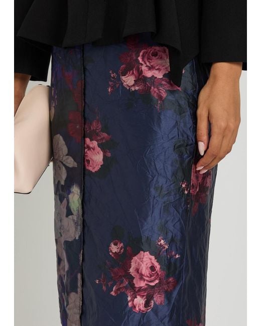 Erdem Blue Floral-Print Textured Satin Midi Skirt