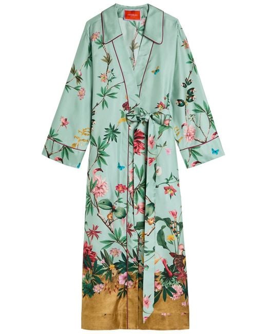LaDoubleJ Green Midnight Printed Silk Midi Wrap Shirt Dress