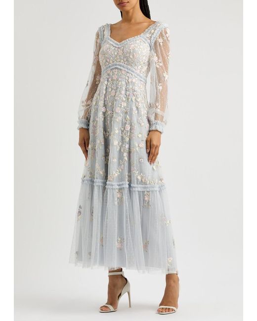 Needle & Thread White Blossom Chain Floral-Embroidered Tulle Gown