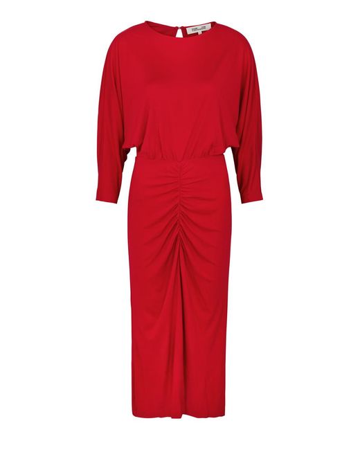 Diane von Furstenberg Red Chrisey Ruched Jersey Midi Dress