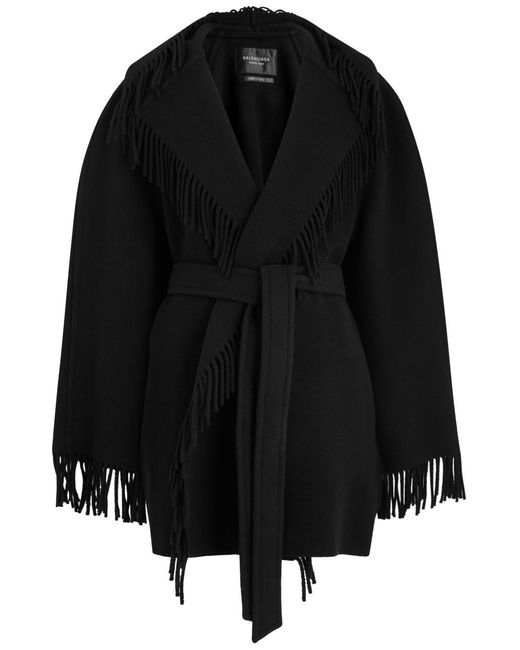 Balenciaga Black Fringed Hooded Wool Jacket