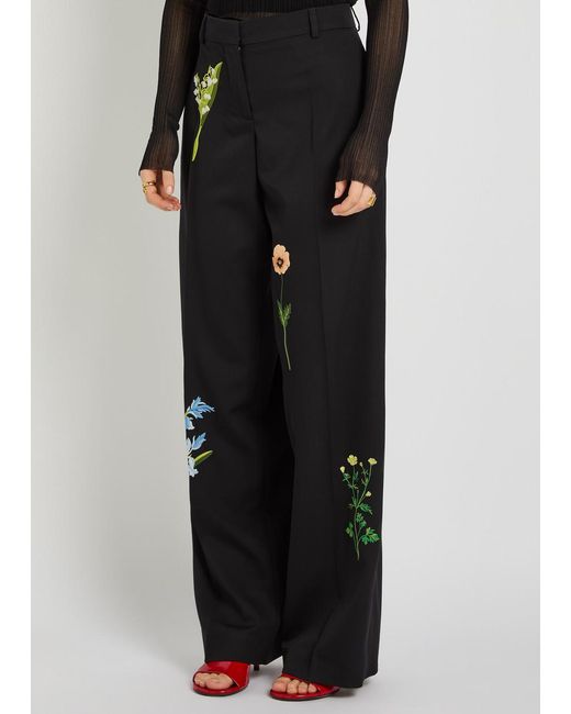 Stella McCartney Black Floral-Embroidered Straight-Leg Trousers