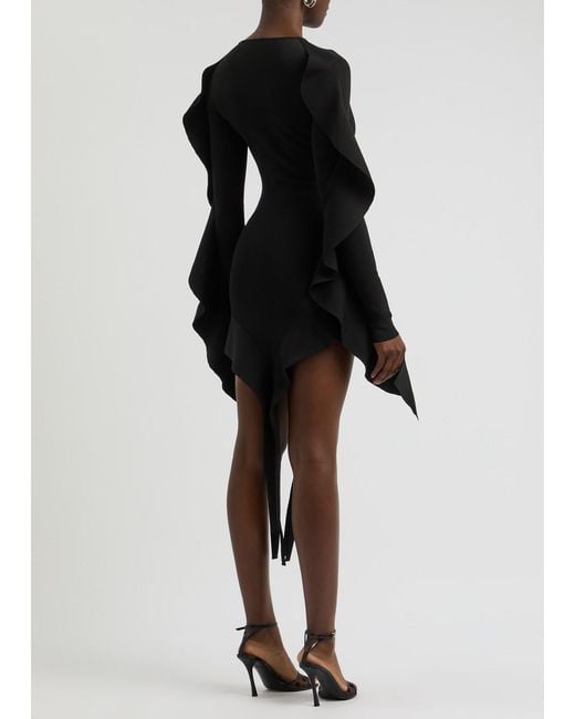 Mugler Black Asymmetric Ruffled Stretch-Knit Mini Dress