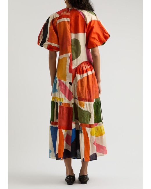 LOVEBIRDS Orange Printed Linen-Blend Maxi Dress