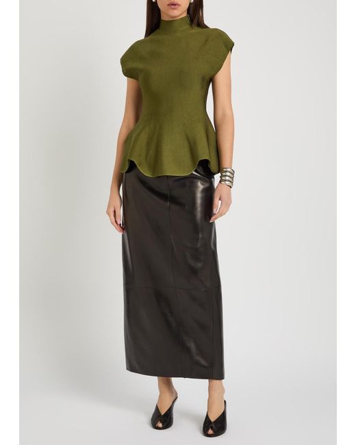 Khaite Black Lyle Leather Midi Pencil Skirt