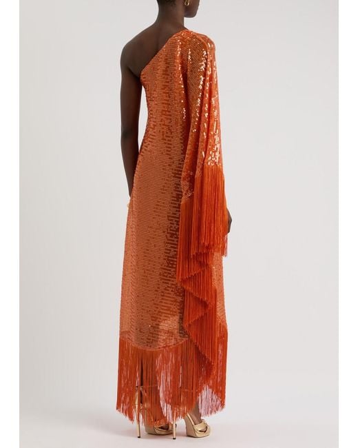 ‎Taller Marmo Orange Spritz Disco Fringe-Trimmed Sequin Gown