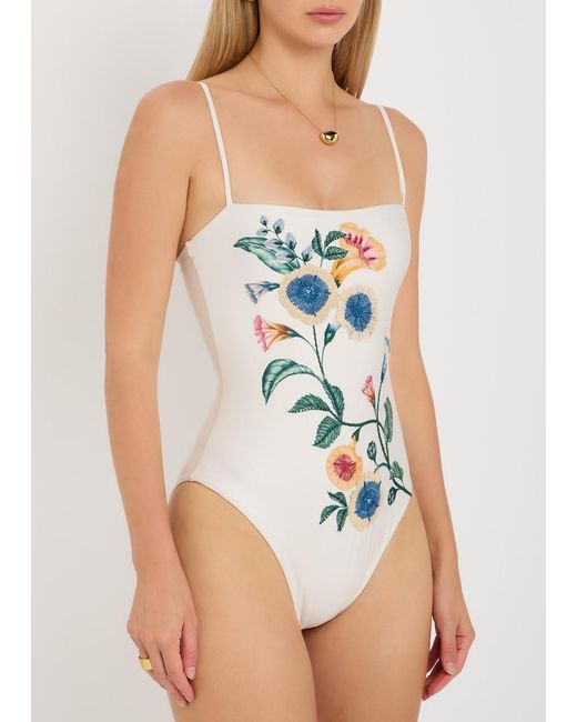 Agua Bendita White Durazno Floral-Embroidered Swimsuit