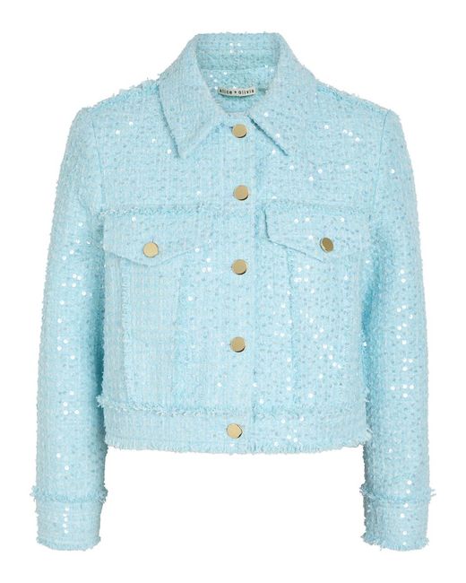 Alice + Olivia Blue Chloe Embellished Cropped Tweed Jacket