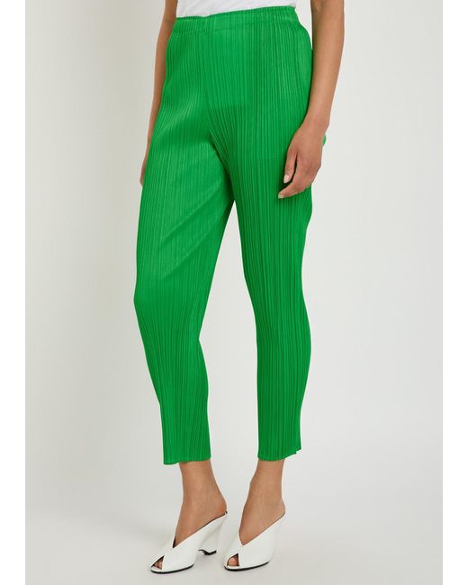 Pleats Please Issey Miyake Green Pleated Tapered-Leg Woven Trousers