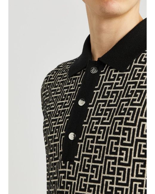 Balmain Black Monogram-intarsia Wool-blend Polo Shirt for men