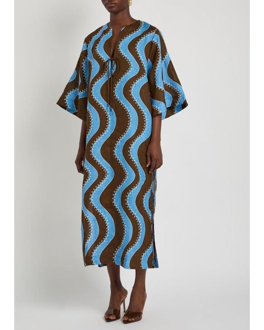 ALÉMAIS Blue Frankie Wavy-Print Linen Midi Dress