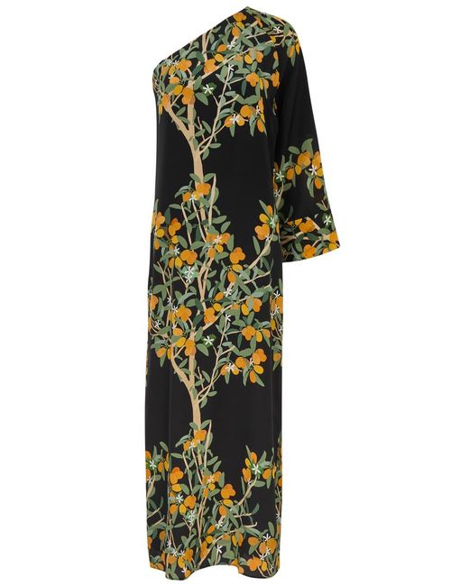 BERNADETTE Black Lola Floral-Print One-Shoulder Silk Maxi Dress