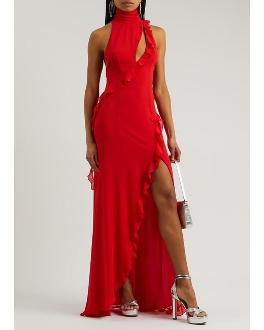 De La Vali Red Parfait Ruffled Chiffon Maxi Dress