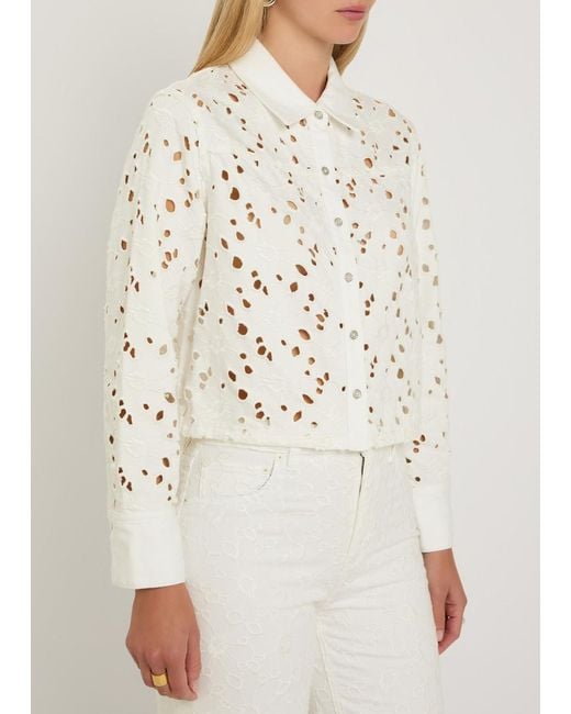 Alice + Olivia White Finely Cutwork Embroidered Denim Shirt
