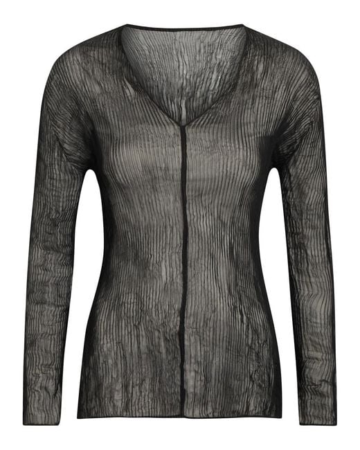 Issey Miyake Black Twist V-Neck Semi-Sheer Chiffon Top