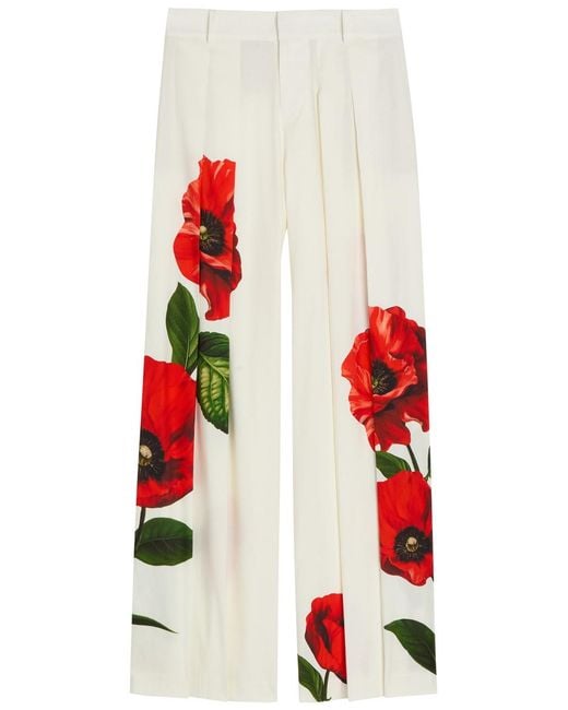 Alice + Olivia White Blaire Floral-Print Pleated Wide-Leg Trousers