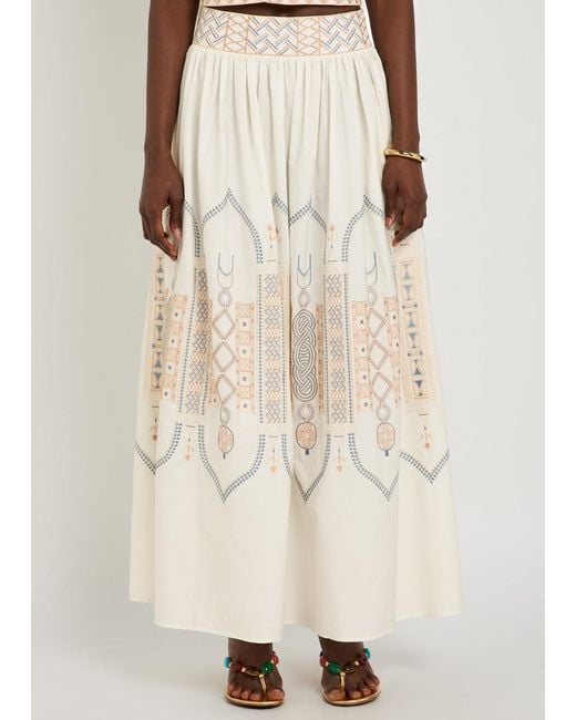 Emporio Sirenuse Natural Ombretta Embroidered Cotton-Blend Midi Skirt