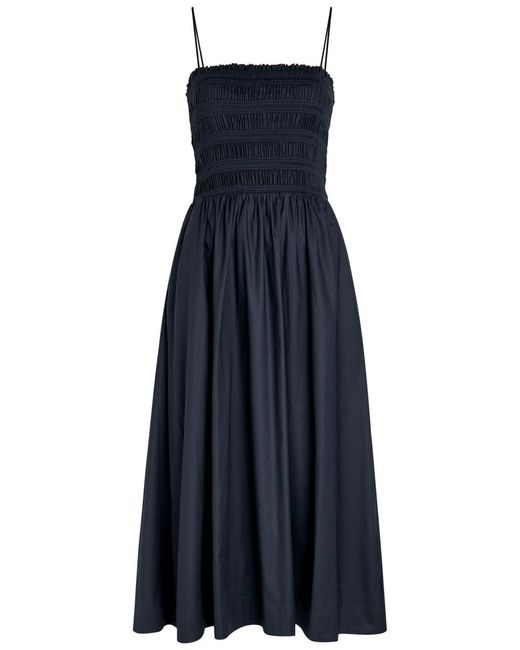 Reformation Blue Kerrie Smocked Stretch-Cotton Midi Dress