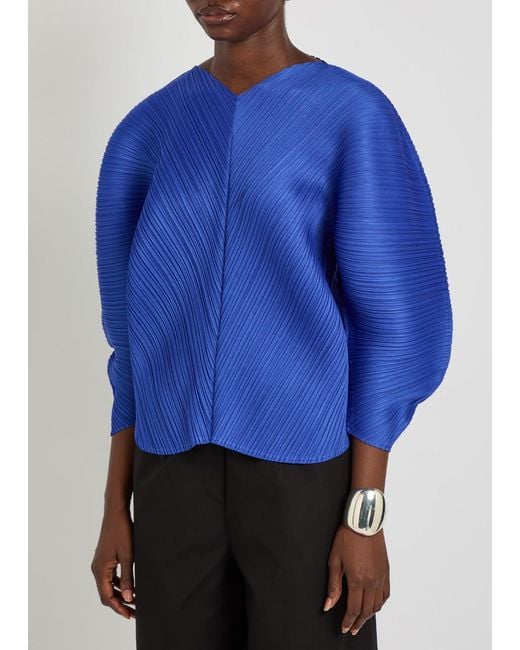 Pleats Please Issey Miyake Blue Pleated Sculpted Woven Top
