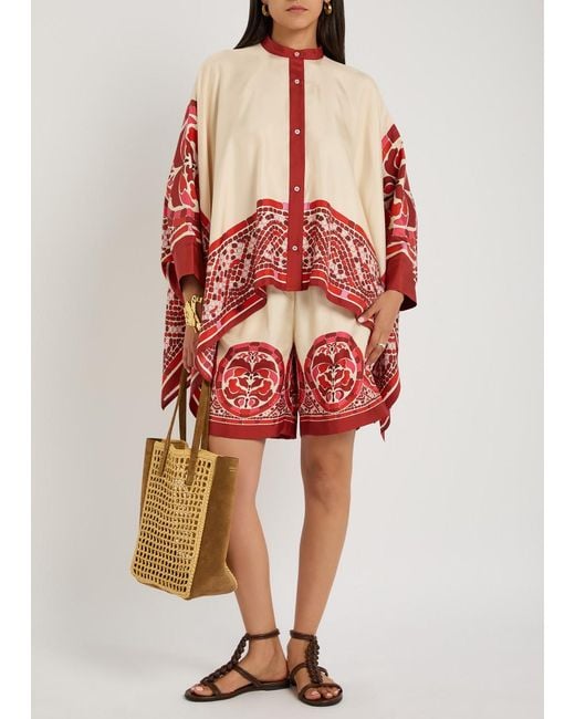 LaDoubleJ Red Palazzo Printed Silk-Twill Shorts