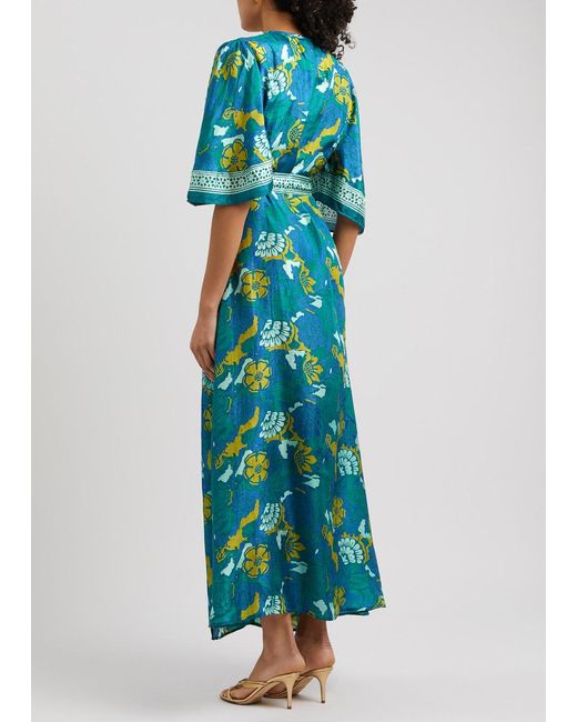 Hannah Artwear Blue Antonia Printed Silk Maxi Wrap Dress