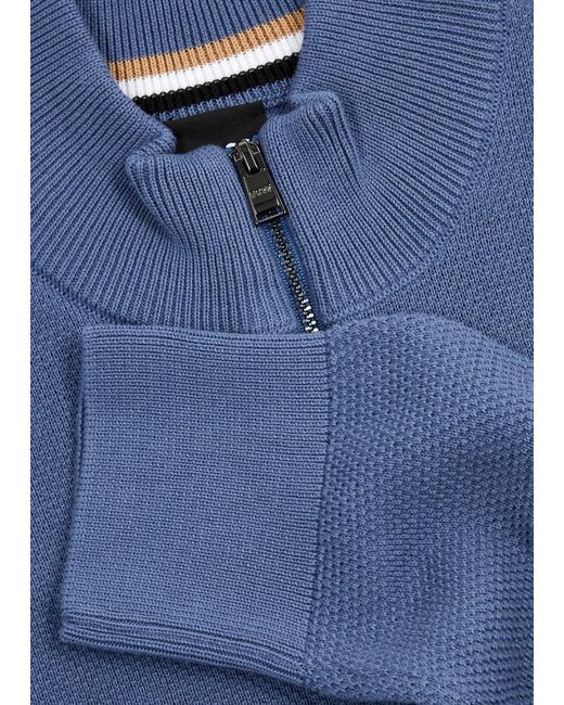 Boss Blue Half-Zip Waffle-Knit Cotton Jumper for men