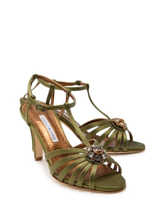 Manolo Blahnik Metallic Fulcon 90 Crystal-Embellished Satin Sandals