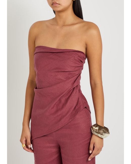 Faithfull The Brand Pink Nera Ruched Strapless Linen Top