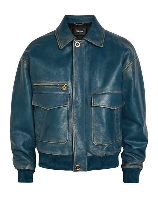 Versace Blue Logo-Embossed Distressed Leather Jacket for men