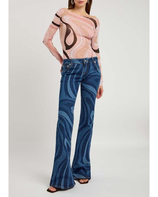 Emilio Pucci Blue Wave-Printed Flared-Leg Jeans