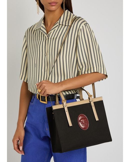 Versace Black Medium Logo-Appliquéd Leather And Canvas Tote