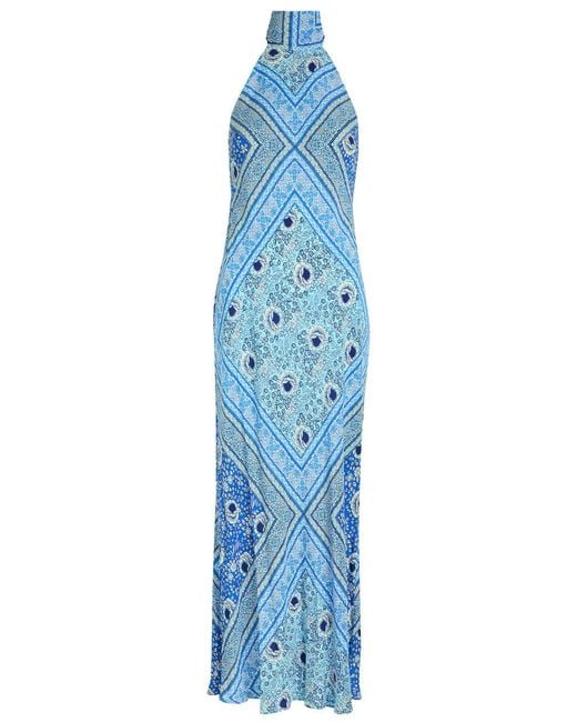 Rixo Blue Maura Patterned Halter-Neck Chiffon Midi Dress