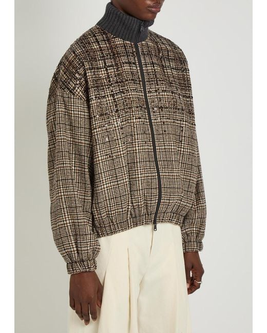 Brunello Cucinelli Brown Padded Houndstooth Alpaca-Blend Bomber Jacket