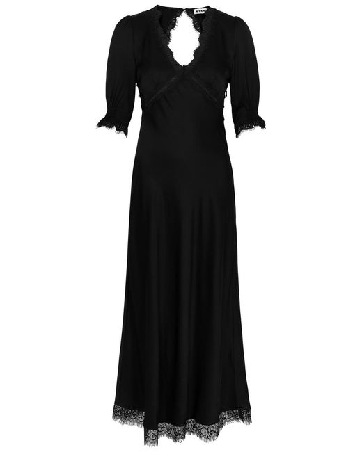Rixo Black Gabrielle Lace-trimmed Satin Midi Dress