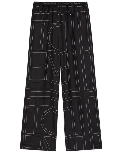 Totême  Black Logo-Monogrammed Wide-Leg Silk Trousers