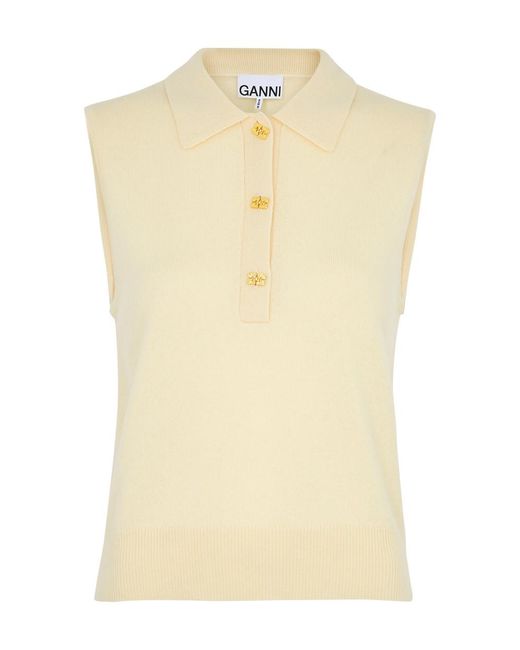 Ganni Natural Wool And Cashmere-blend Polo Top