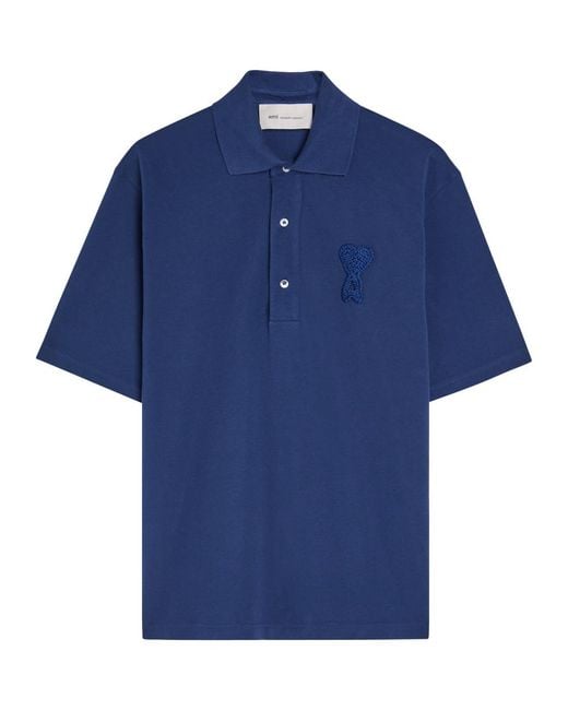 AMI Blue Logo-Appliquéd Piqué Cotton Polo Shirt for men